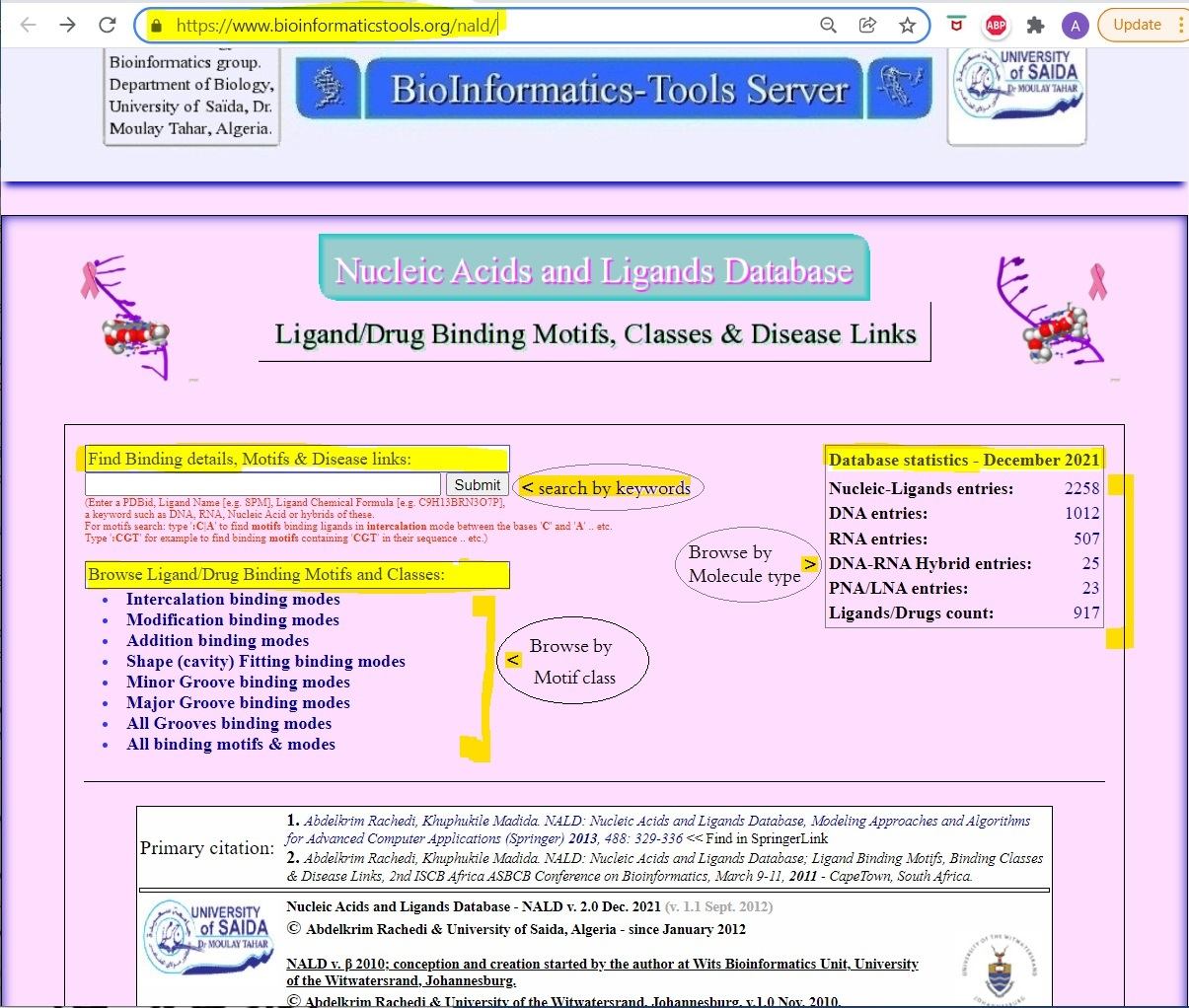 Image 2. " Main interface of the NALD database. Three methods of searching and exploring the DNA Binding Motifs; 1. search by keyword. 2. Exploring by molecules/structure types and 3. Exploring by Binding Motifs Classes."