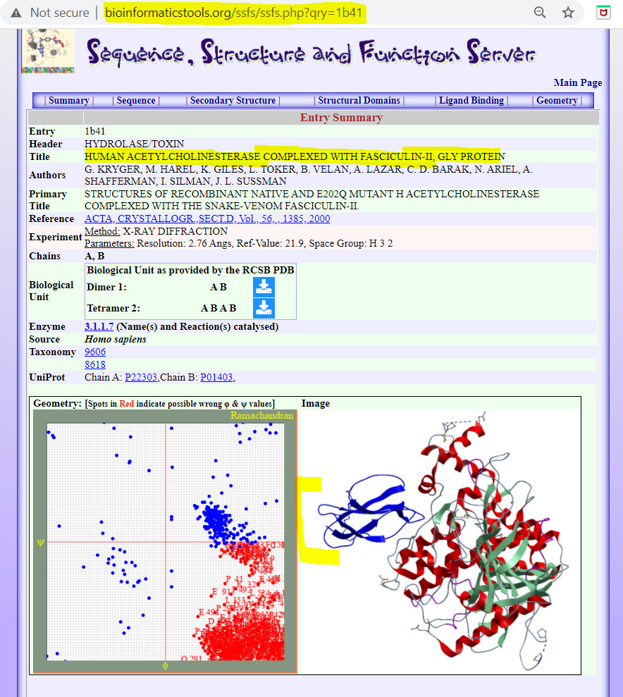 SSFS presentation of the <b>Human Acetylcholinesterase Complexed With Fasciculin-Ii, Gly Protein</b>