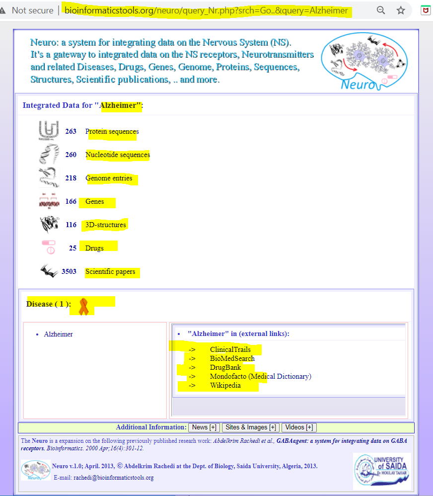 Neuro results output example (1) when searching for the keyword <b>Alzheimer</b>.