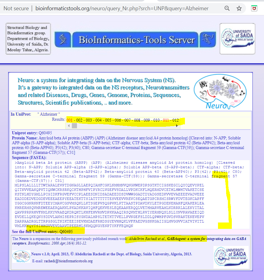 Neuro results output example (2) when clicking on link <b>Protein sequences</b> (link shown in prev. image). This allows for exploring protein sequences related to the keyword <b>Alzheimer</b>.