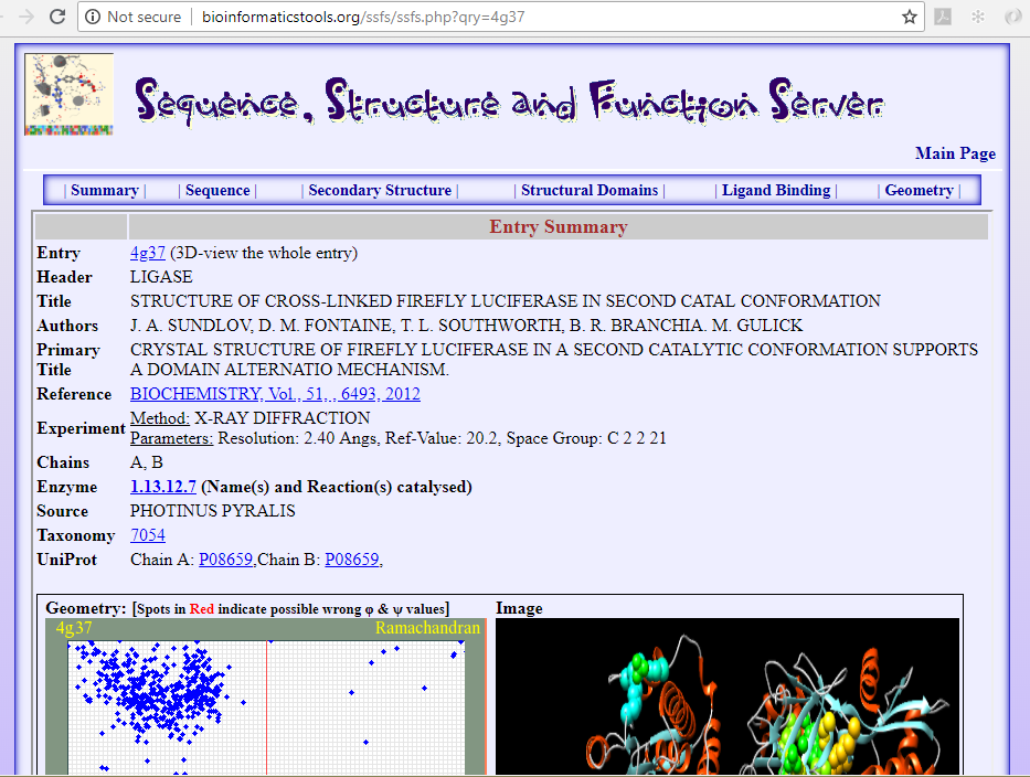 The PDB entry 4G37 for a Lucifirase enzume as found in the SSFS structural bioinformatics tools