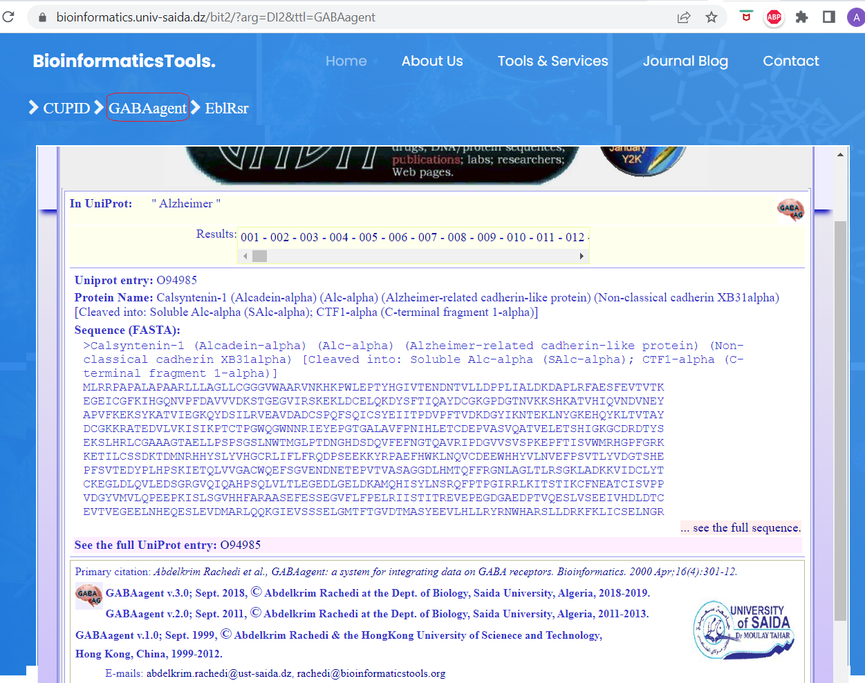 Details of Sequence Data for a protein related to <b>Alzheimer</b>.